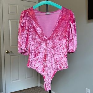 Free People Crushed Velvet Barbie Pink Body Suit - NWOT